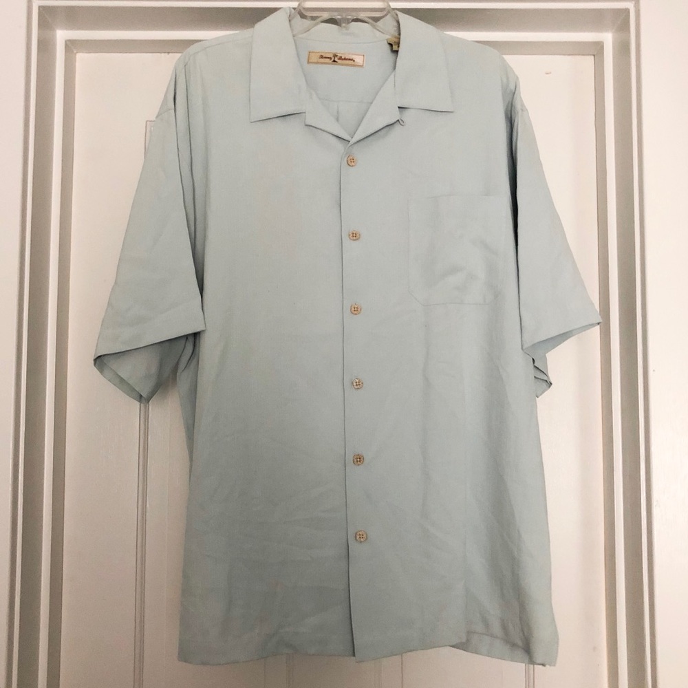 TOMMY BAHAMA Embroidered Baby Blue Silk Camp Shirt